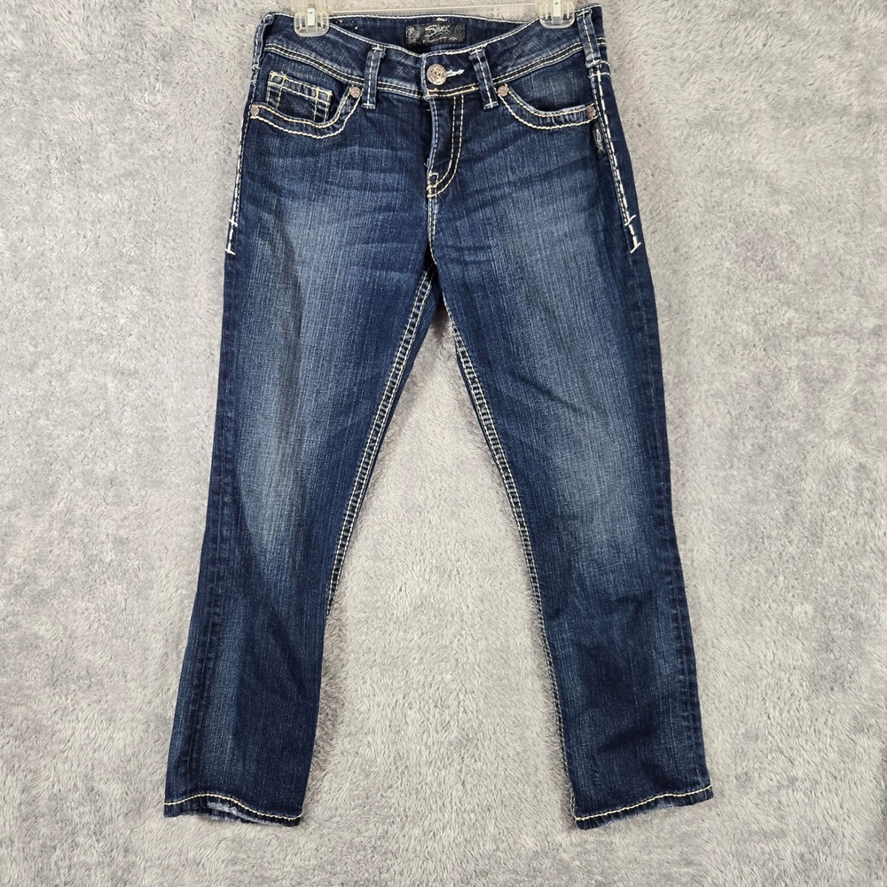 Silver Jeans Co Suki Capri Dark Wash Denim Cropped Mid Rise W28 Contrast Stitch